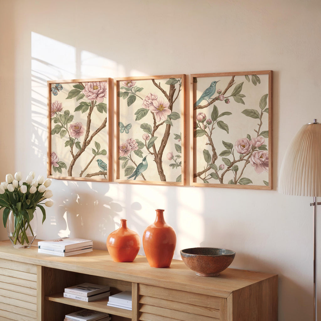 Neutral Chinoiserie Set of 2, Beige Pastel Floral Birds Print, Chinese Wallpaper, Retro Coquette Wall Art, Light Botanical Tapestry Painting