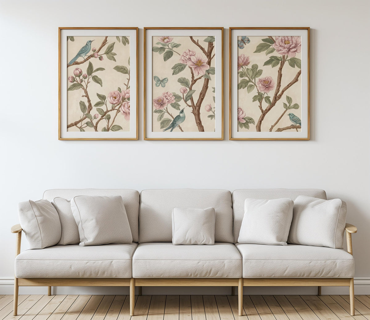 Neutral Chinoiserie Set of 2, Beige Pastel Floral Birds Print, Chinese Wallpaper, Retro Coquette Wall Art, Light Botanical Tapestry Painting