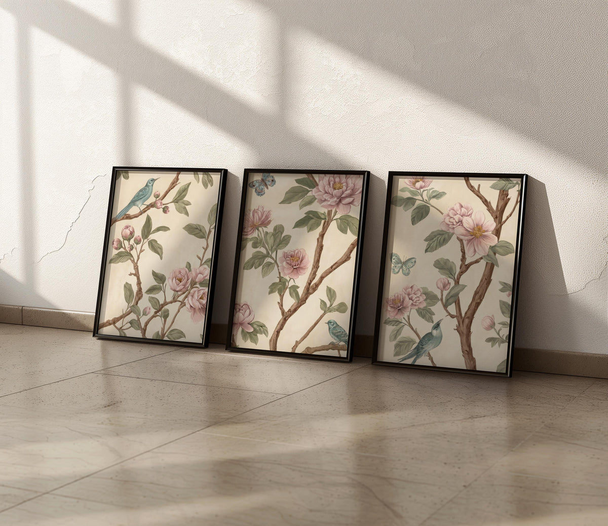 Neutral Chinoiserie Set of 2, Beige Pastel Floral Birds Print, Chinese Wallpaper, Retro Coquette Wall Art, Light Botanical Tapestry Painting