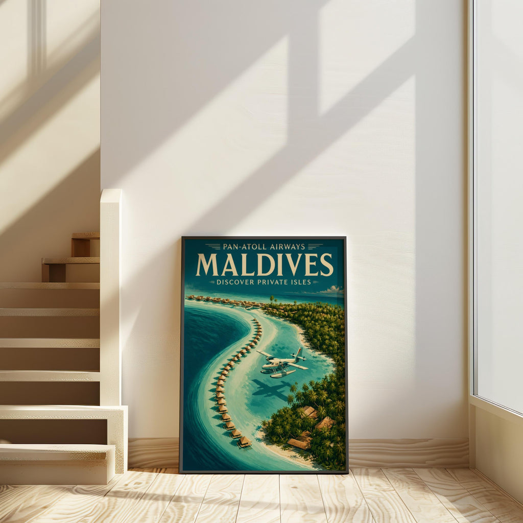 Maldives Vintage Travel Poster, Retro Tropical Island Wall Art, Old School Airline Beach Print, Honeymoon Gift, Travel Lover Gift