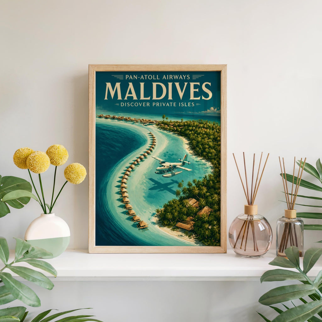 Maldives Vintage Travel Poster, Retro Tropical Island Wall Art, Old School Airline Beach Print, Honeymoon Gift, Travel Lover Gift