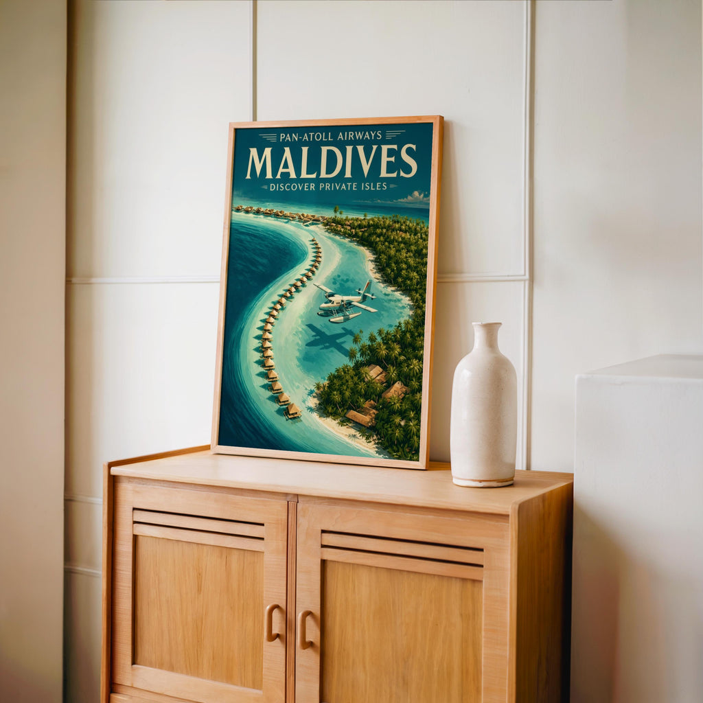 Maldives Vintage Travel Poster, Retro Tropical Island Wall Art, Old School Airline Beach Print, Honeymoon Gift, Travel Lover Gift