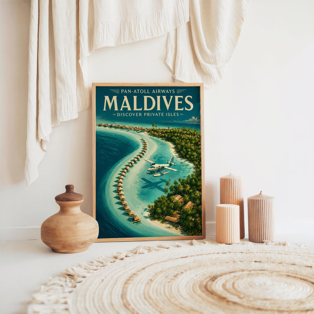 Maldives Vintage Travel Poster, Retro Tropical Island Wall Art, Old School Airline Beach Print, Honeymoon Gift, Travel Lover Gift