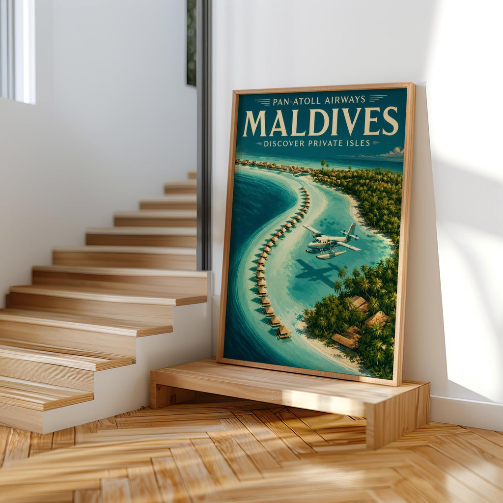 Maldives Vintage Travel Poster, Retro Tropical Island Wall Art, Old School Airline Beach Print, Honeymoon Gift, Travel Lover Gift