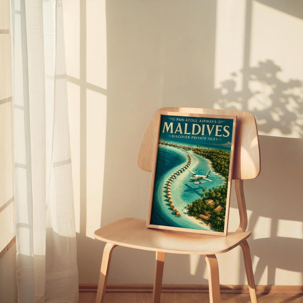 Maldives Vintage Travel Poster, Retro Tropical Island Wall Art, Old School Airline Beach Print, Honeymoon Gift, Travel Lover Gift