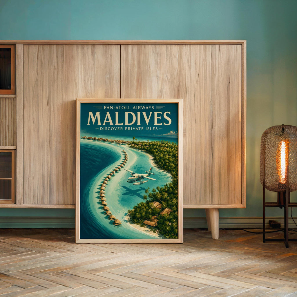 Maldives Vintage Travel Poster, Retro Tropical Island Wall Art, Old School Airline Beach Print, Honeymoon Gift, Travel Lover Gift