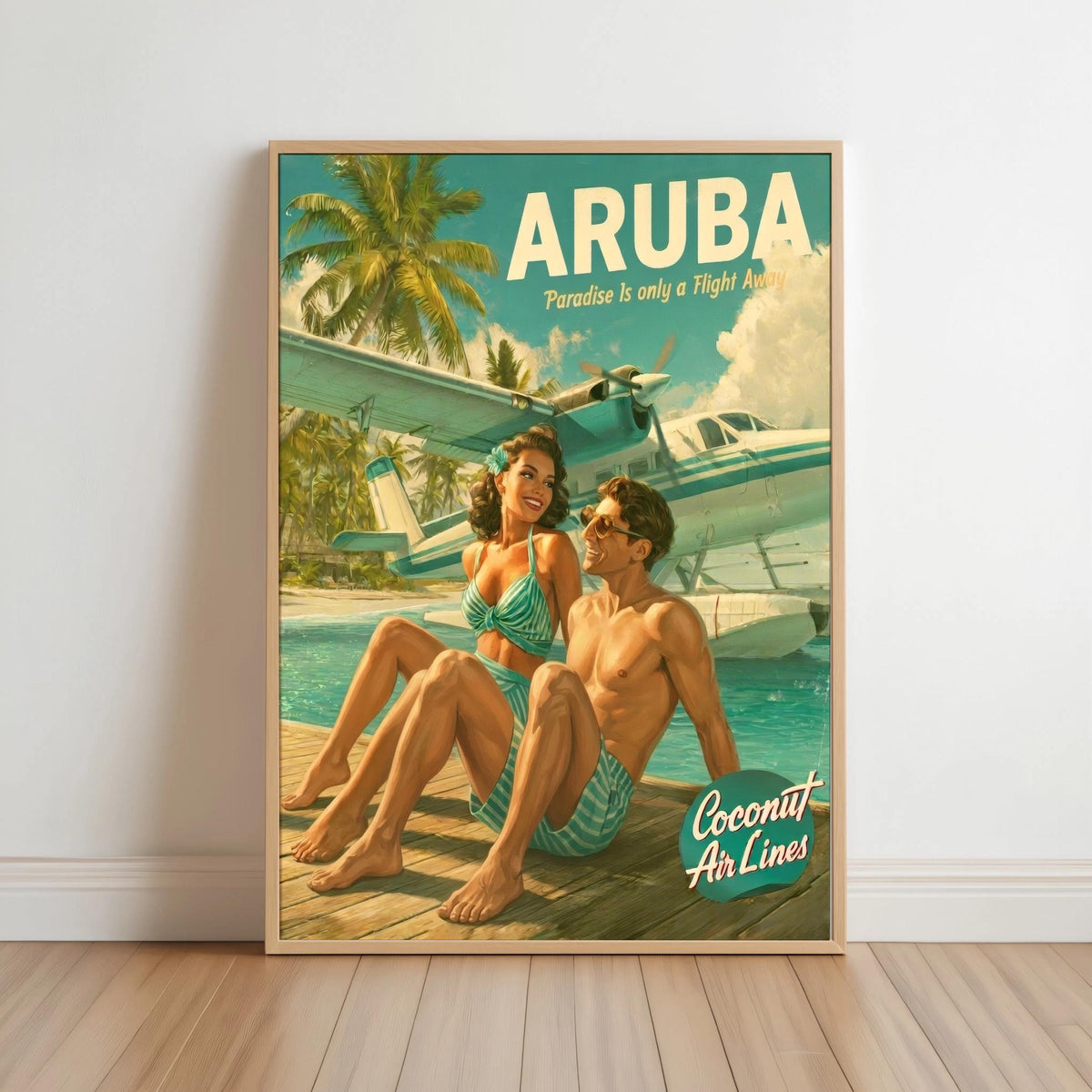 Retro Vacation Print: 1950s Tropical Travel Poster, Vintage Beach Couple Wall Art, Mid Century Pinup Aviation Ad, Pan Am Aruba Home Decor