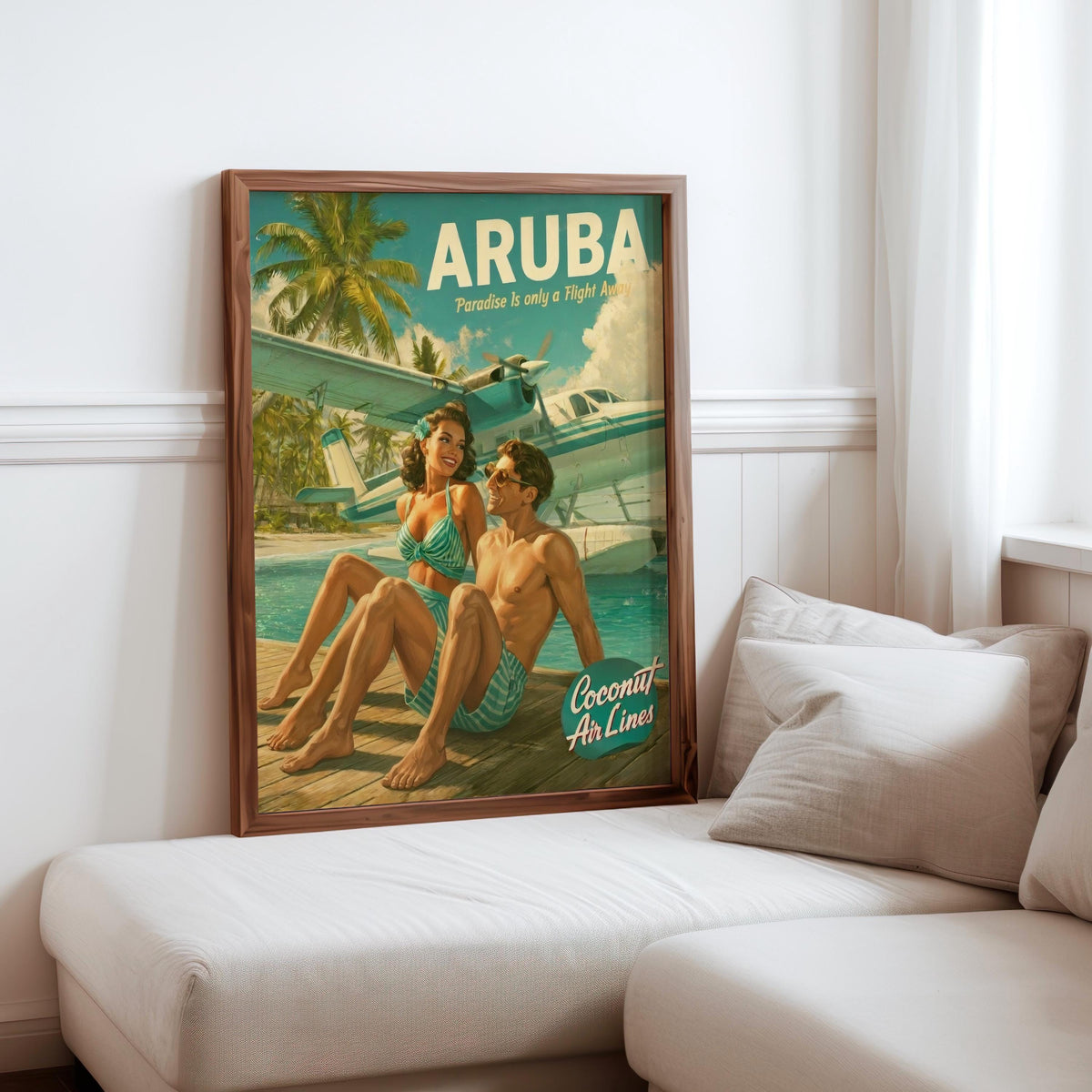 Retro Vacation Print: 1950s Tropical Travel Poster, Vintage Beach Couple Wall Art, Mid Century Pinup Aviation Ad, Pan Am Aruba Home Decor