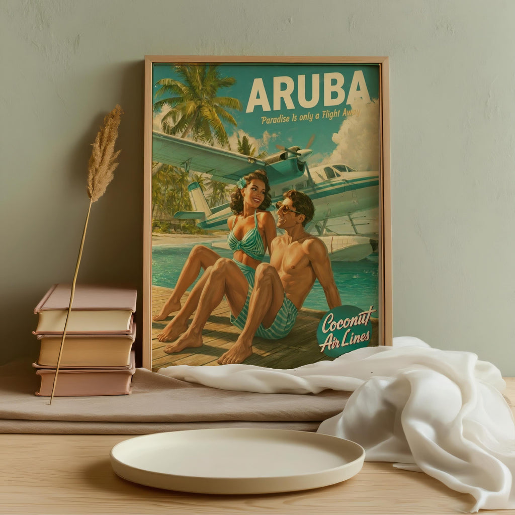 Retro Vacation Print: 1950s Tropical Travel Poster, Vintage Beach Couple Wall Art, Mid Century Pinup Aviation Ad, Pan Am Aruba Home Decor