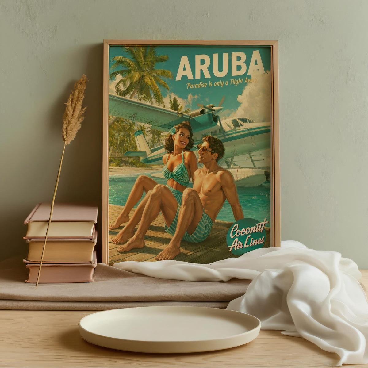 Retro Vacation Print: 1950s Tropical Travel Poster, Vintage Beach Couple Wall Art, Mid Century Pinup Aviation Ad, Pan Am Aruba Home Decor