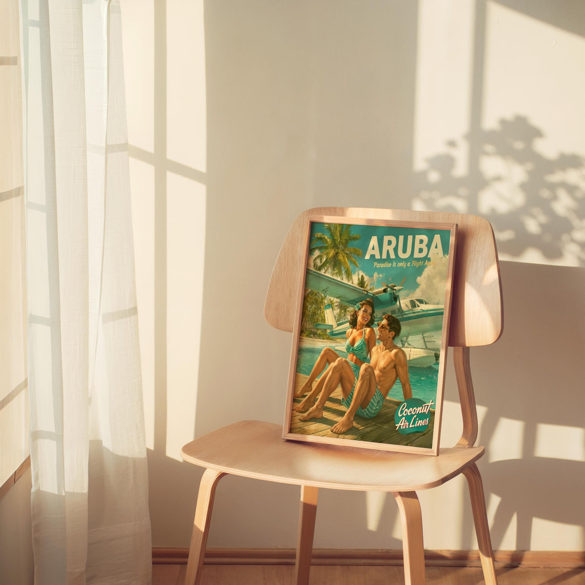 Retro Vacation Print: 1950s Tropical Travel Poster, Vintage Beach Couple Wall Art, Mid Century Pinup Aviation Ad, Pan Am Aruba Home Decor