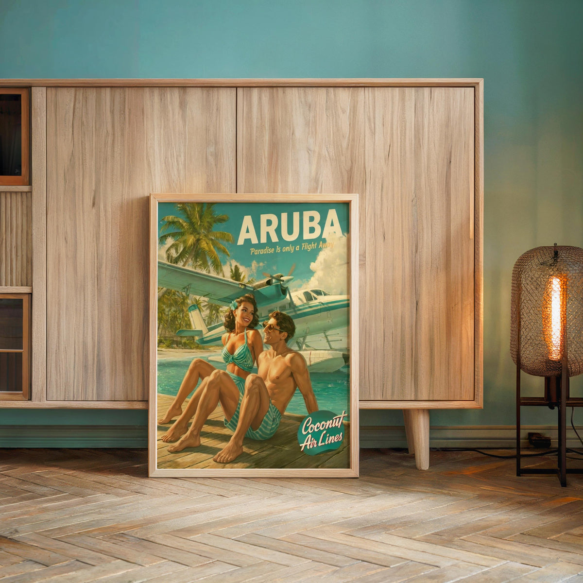 Retro Vacation Print: 1950s Tropical Travel Poster, Vintage Beach Couple Wall Art, Mid Century Pinup Aviation Ad, Pan Am Aruba Home Decor