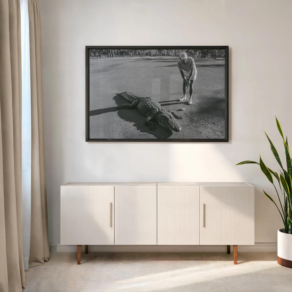 Funny Alligator Golf Wall Art, Vintage Photography Print, Father Sports Gift, Black White Decor, Retro Fairway Poster, Mid Century Photo