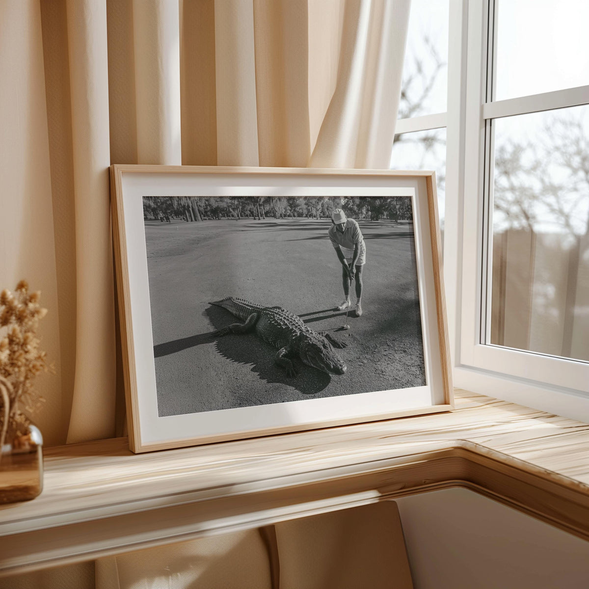 Funny Alligator Golf Wall Art, Vintage Photography Print, Father Sports Gift, Black White Decor, Retro Fairway Poster, Mid Century Photo