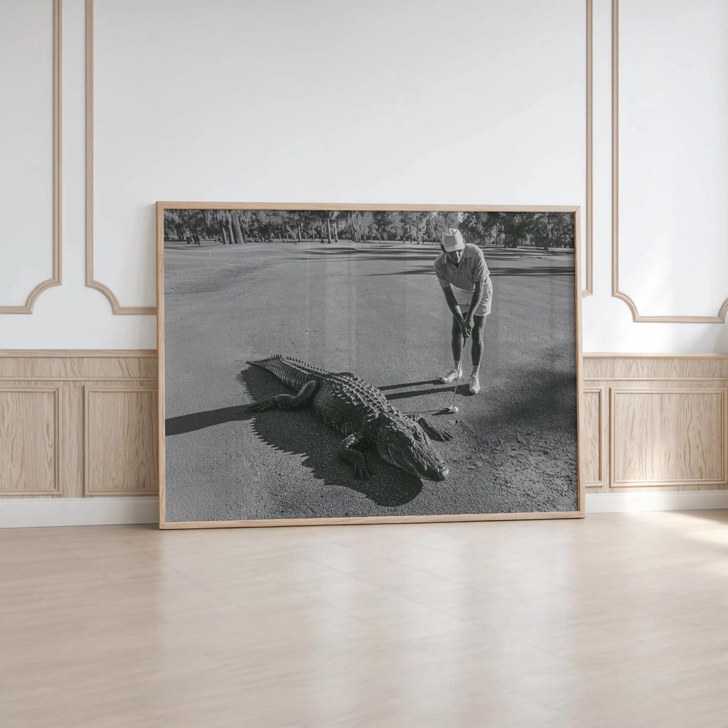 Funny Alligator Golf Wall Art, Vintage Photography Print, Father Sports Gift, Black White Decor, Retro Fairway Poster, Mid Century Photo