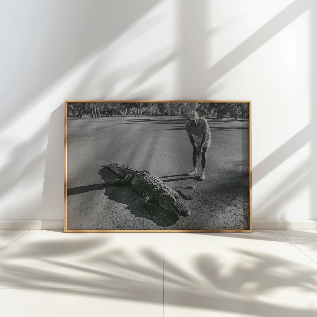Funny Alligator Golf Wall Art, Vintage Photography Print, Father Sports Gift, Black White Decor, Retro Fairway Poster, Mid Century Photo