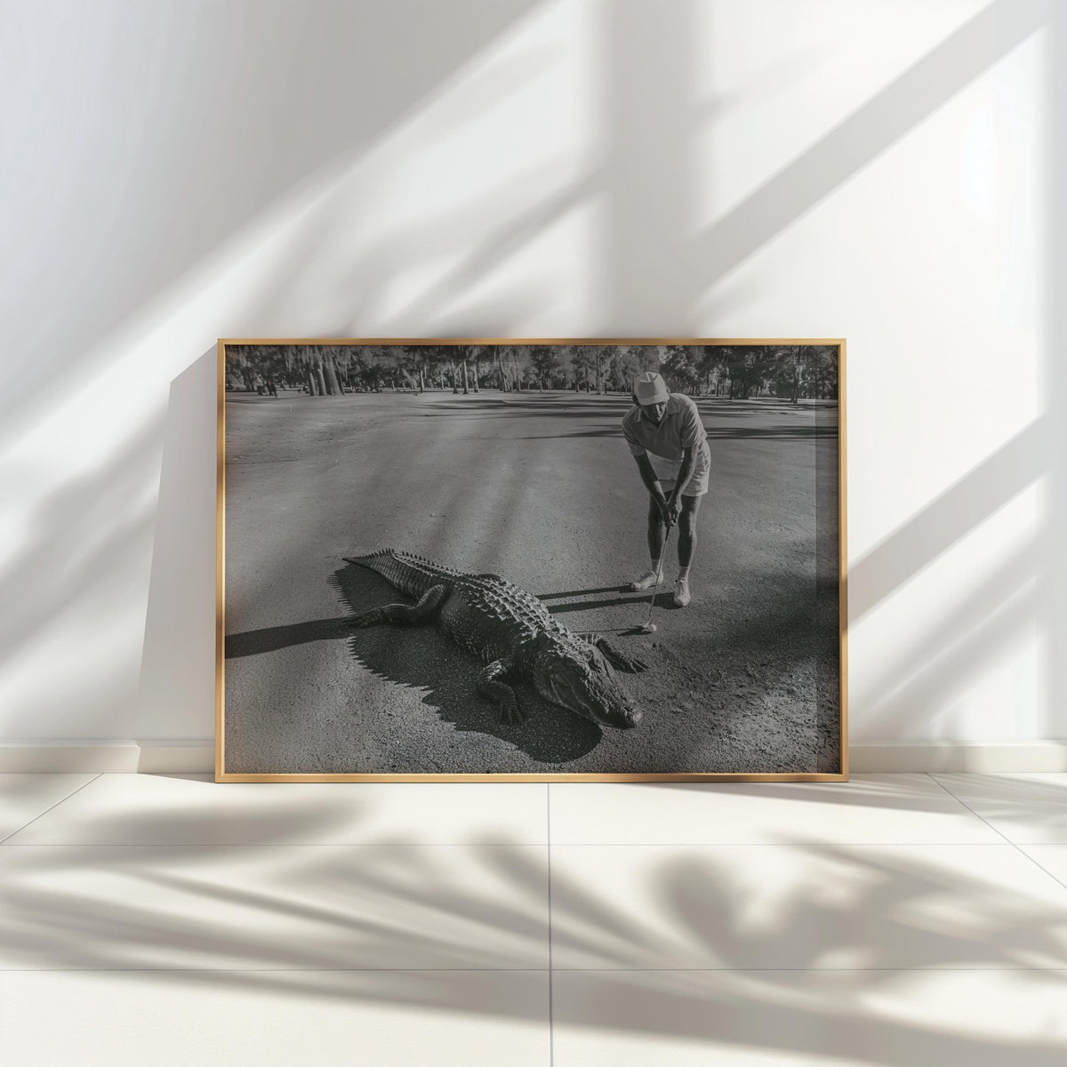 Funny Alligator Golf Wall Art, Vintage Photography Print, Father Sports Gift, Black White Decor, Retro Fairway Poster, Mid Century Photo