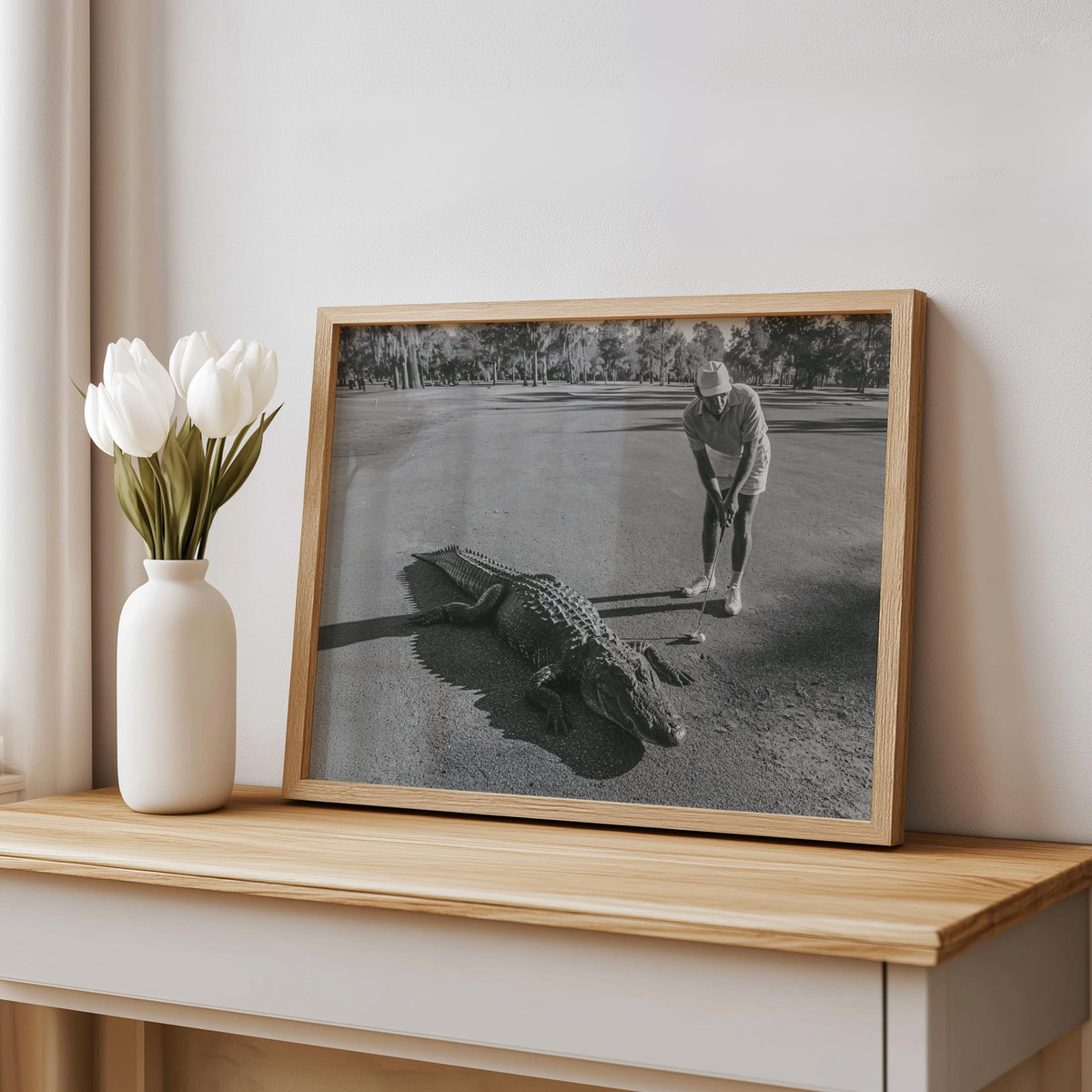 Funny Alligator Golf Wall Art, Vintage Photography Print, Father Sports Gift, Black White Decor, Retro Fairway Poster, Mid Century Photo