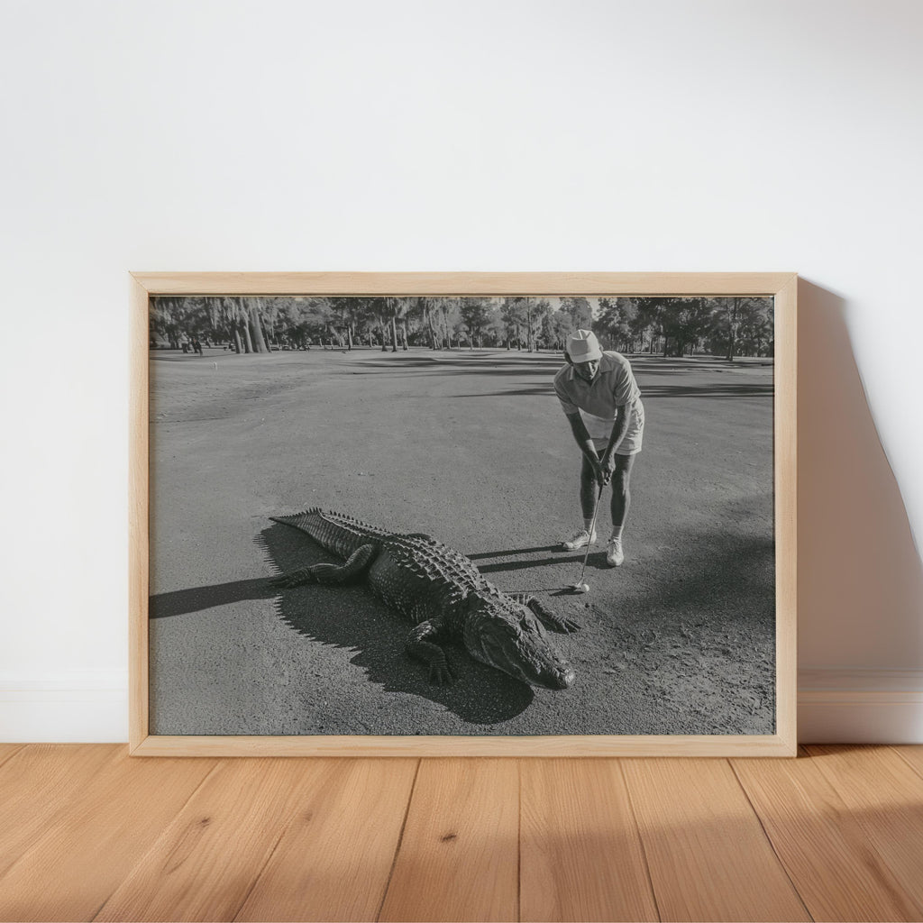 Funny Alligator Golf Wall Art, Vintage Photography Print, Father Sports Gift, Black White Decor, Retro Fairway Poster, Mid Century Photo