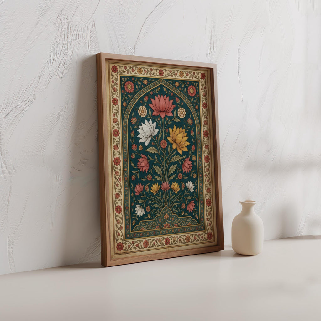 Mughal Floral Wall Decor, Indian Folk Art Pichwai Print, Lotus Poster, Teal Botanical Arched Poster, Islamic Pattern Persian Miniature Gift