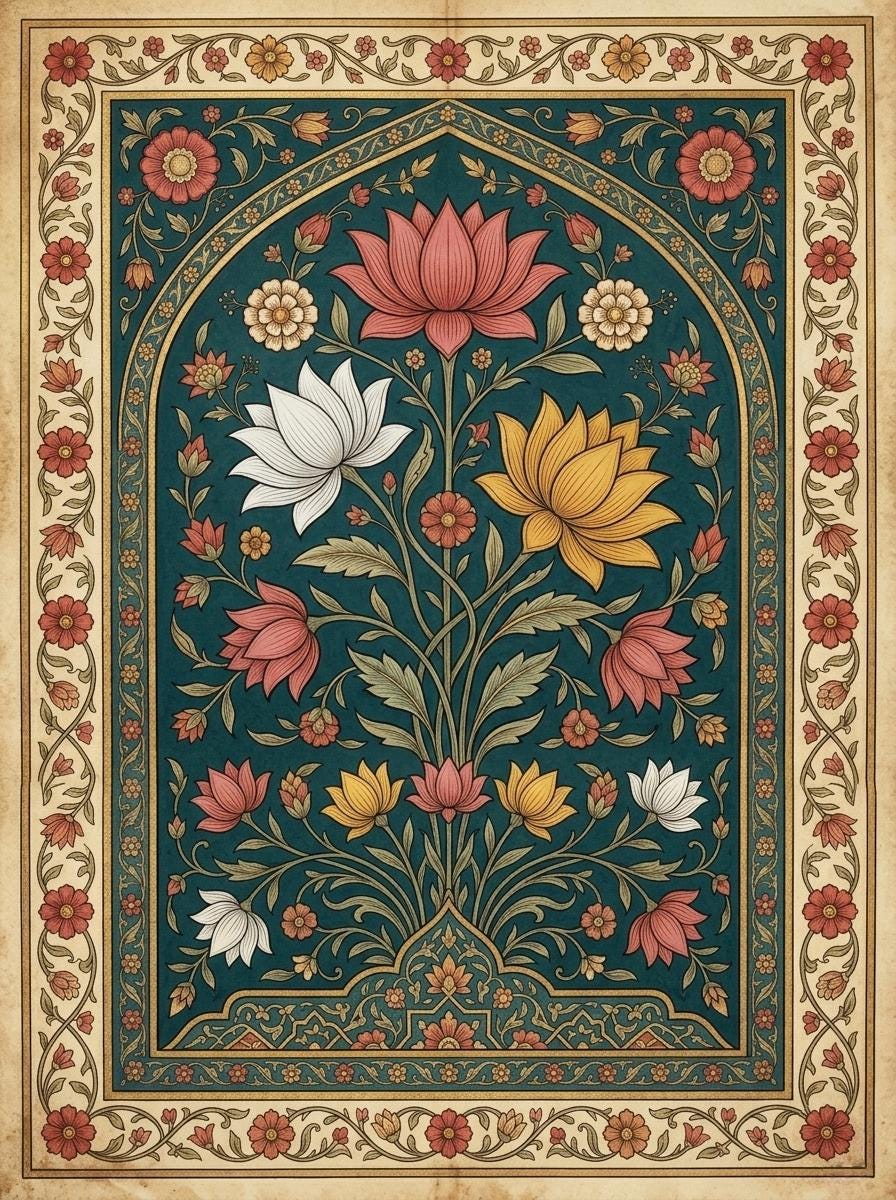 Mughal Floral Wall Decor, Indian Folk Art Pichwai Print, Lotus Poster, Teal Botanical Arched Poster, Islamic Pattern Persian Miniature Gift