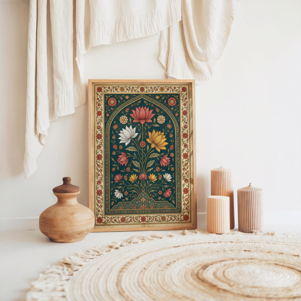 Mughal Floral Wall Decor, Indian Folk Art Pichwai Print, Lotus Poster, Teal Botanical Arched Poster, Islamic Pattern Persian Miniature Gift