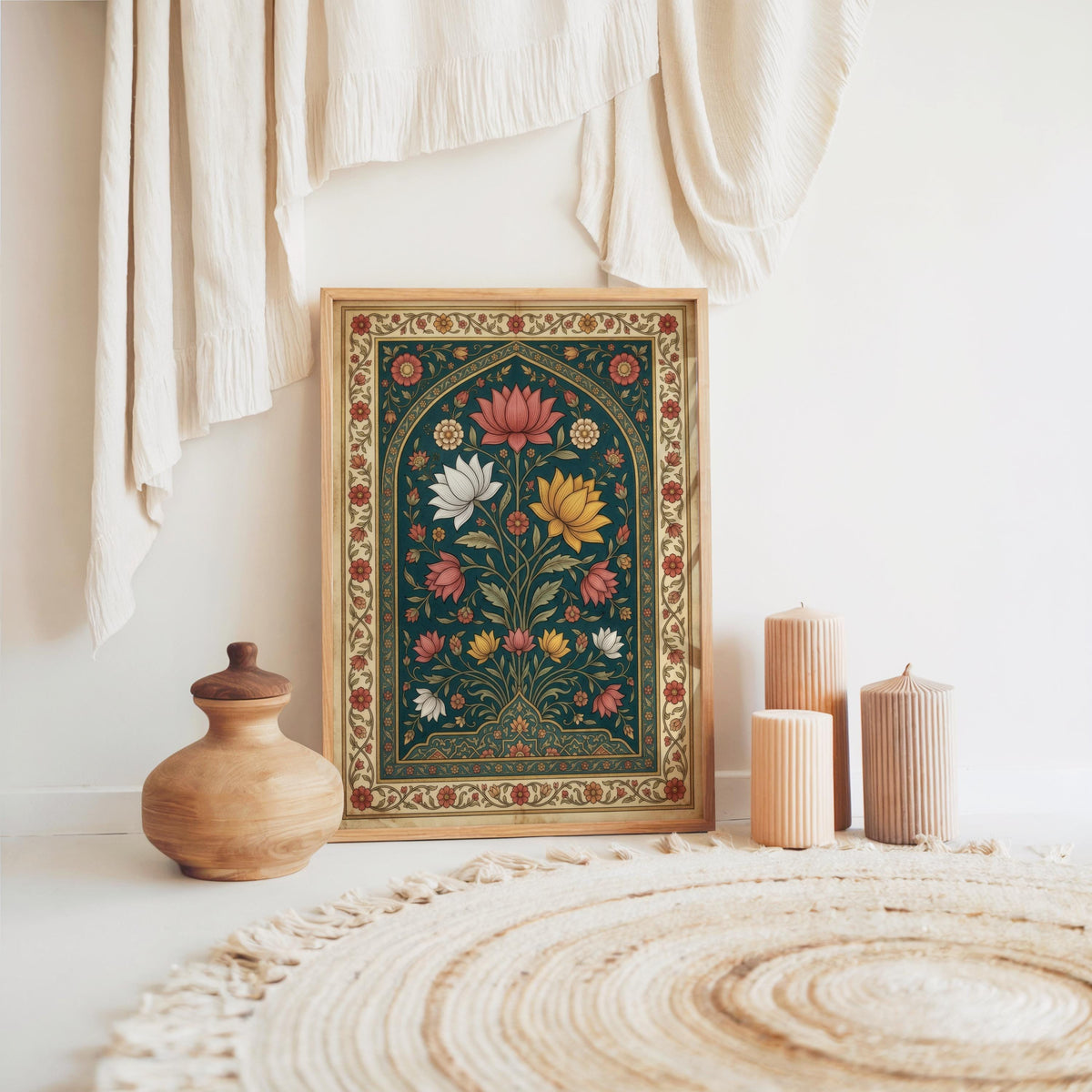 Mughal Floral Wall Decor, Indian Folk Art Pichwai Print, Lotus Poster, Teal Botanical Arched Poster, Islamic Pattern Persian Miniature Gift