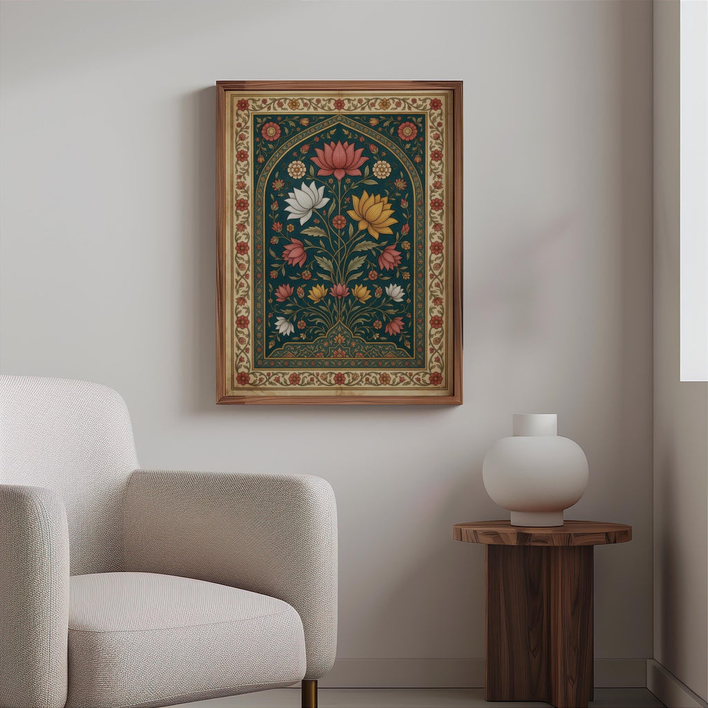 Mughal Floral Wall Decor, Indian Folk Art Pichwai Print, Lotus Poster, Teal Botanical Arched Poster, Islamic Pattern Persian Miniature Gift