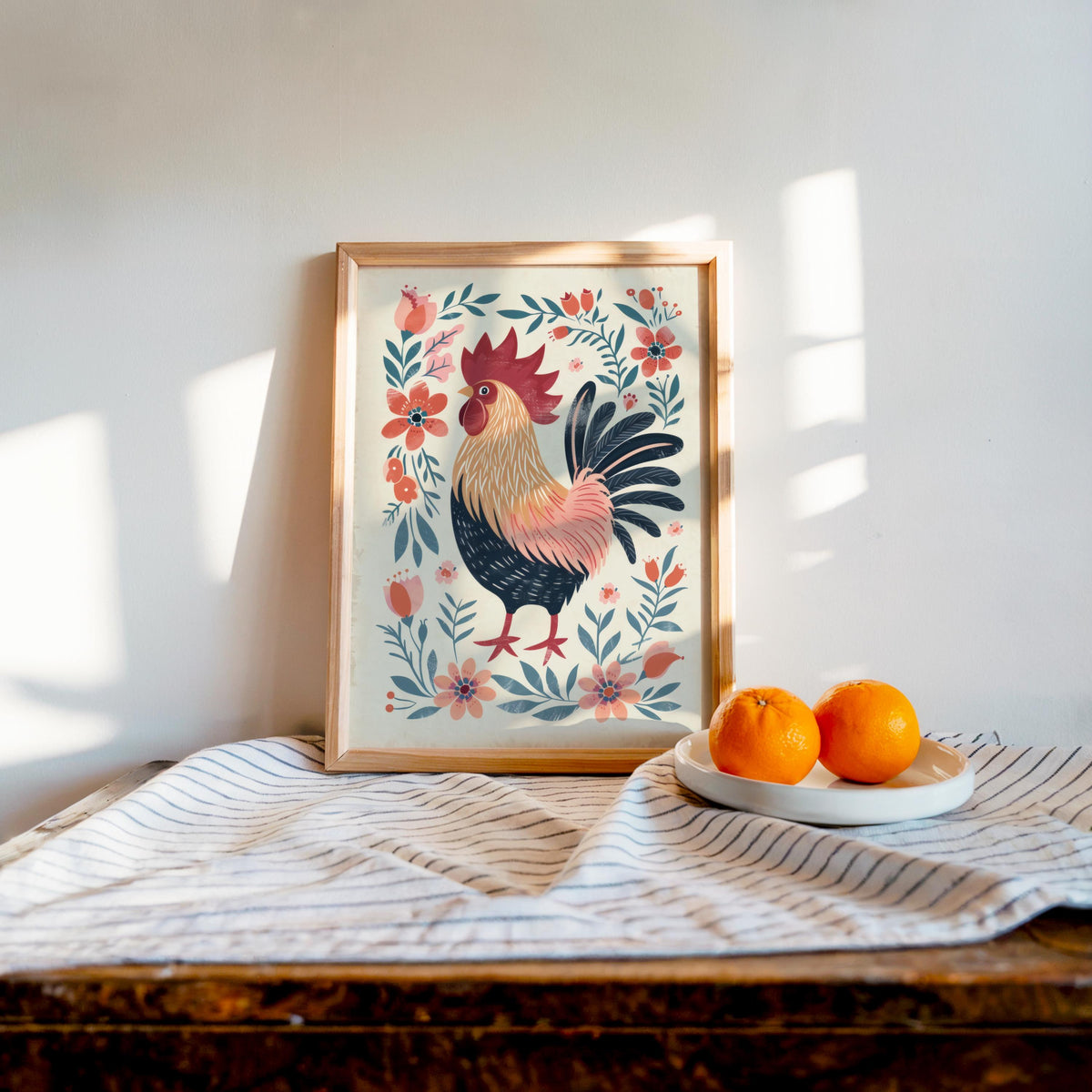 Scandinavian Folk Art Rooster Print, Botanical Floral Kitchen Decor, Boho Cottagecore Farmhouse Poster