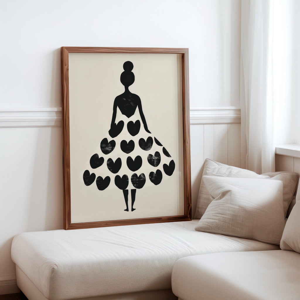 Woman Silhouette Heart Dress Print, Black Cream Fashion Poster, Modern Boho Wall Art
