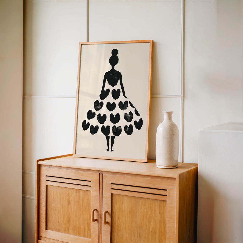 Woman Silhouette Heart Dress Print, Black Cream Fashion Poster, Modern Boho Wall Art