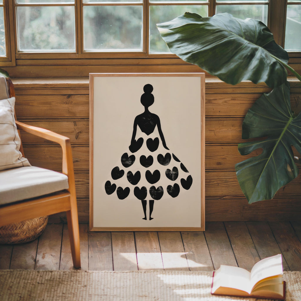 Woman Silhouette Heart Dress Print, Black Cream Fashion Poster, Modern Boho Wall Art