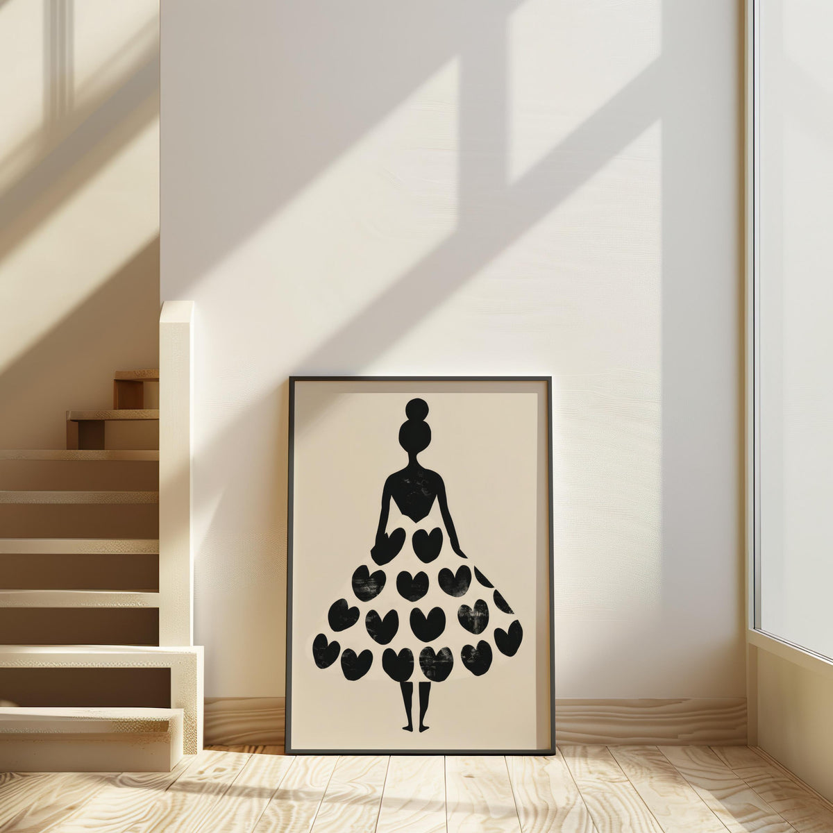 Woman Silhouette Heart Dress Print, Black Cream Fashion Poster, Modern Boho Wall Art