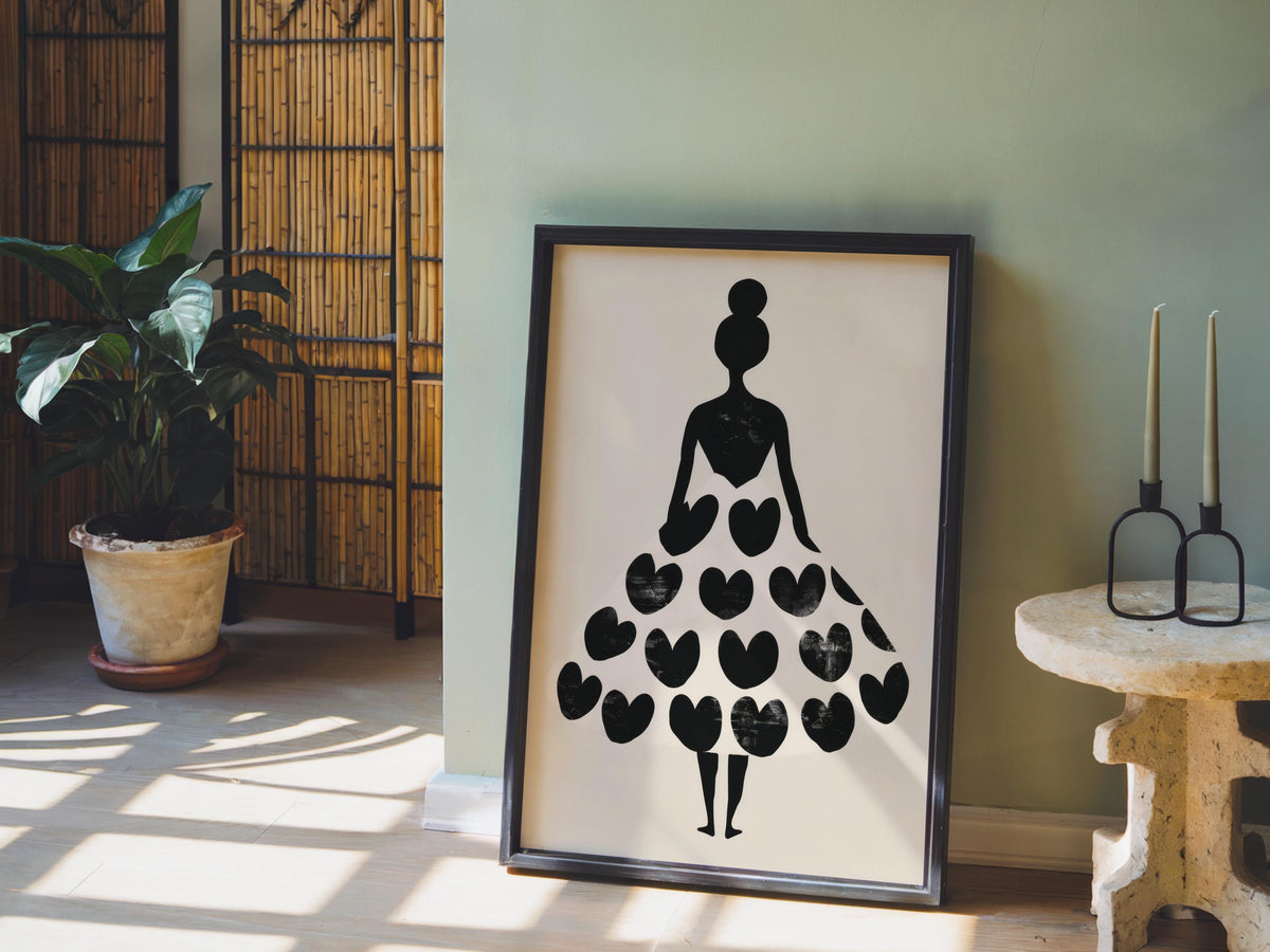 Woman Silhouette Heart Dress Print, Black Cream Fashion Poster, Modern Boho Wall Art
