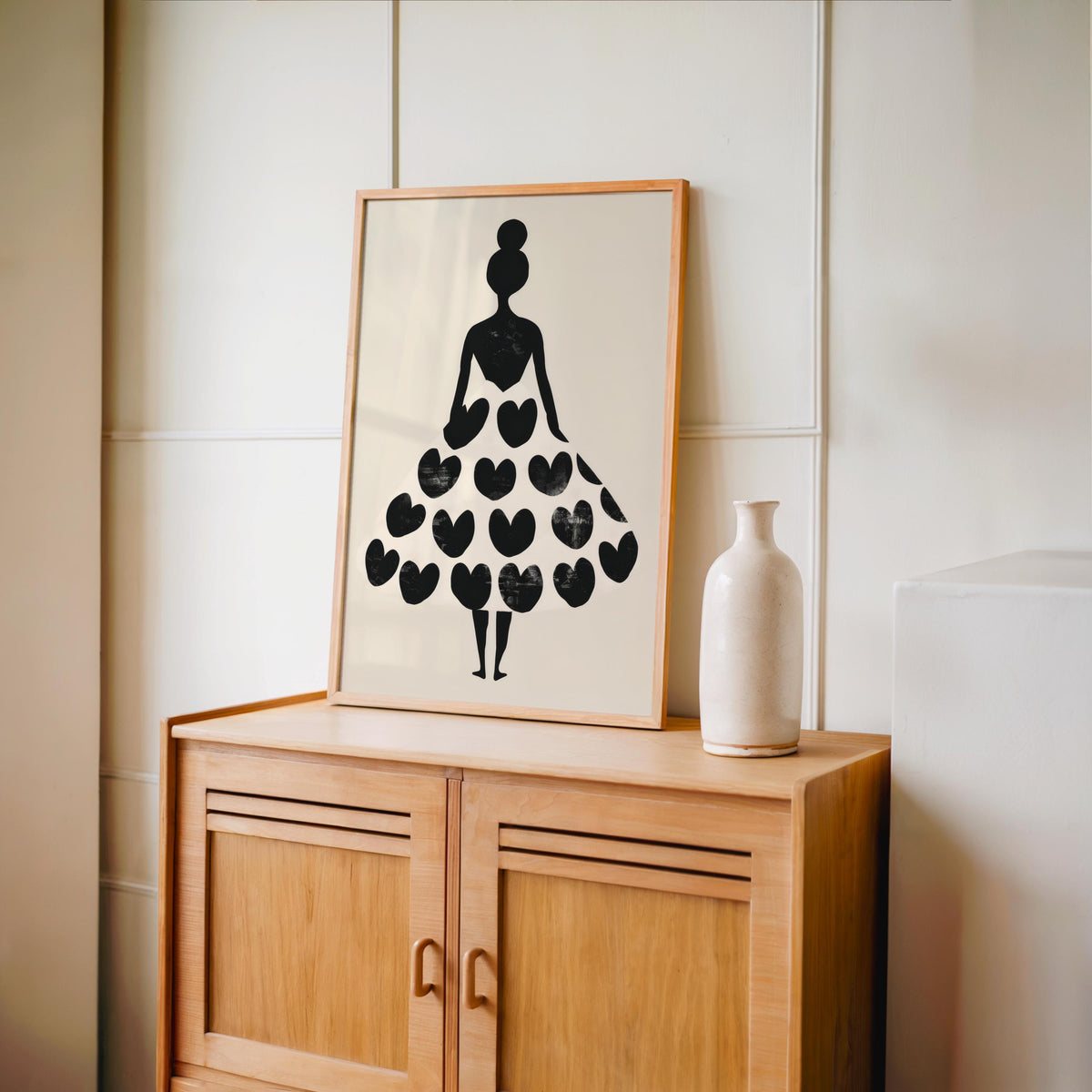 Woman Silhouette Heart Dress Print, Black Cream Fashion Poster, Modern Boho Wall Art