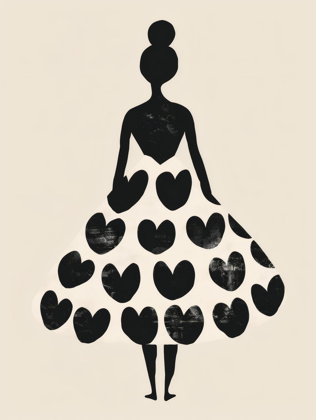 Woman Silhouette Heart Dress Print, Black Cream Fashion Poster, Modern Boho Wall Art