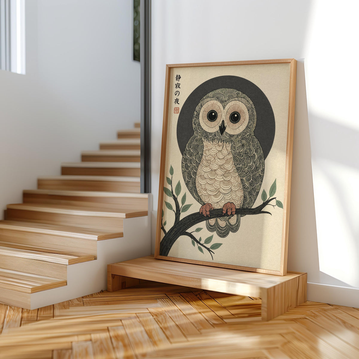 Japanese Owl Woodblock Print, Ukiyo-e Bird Nature Poster, Japandi Zen Wildlife Art