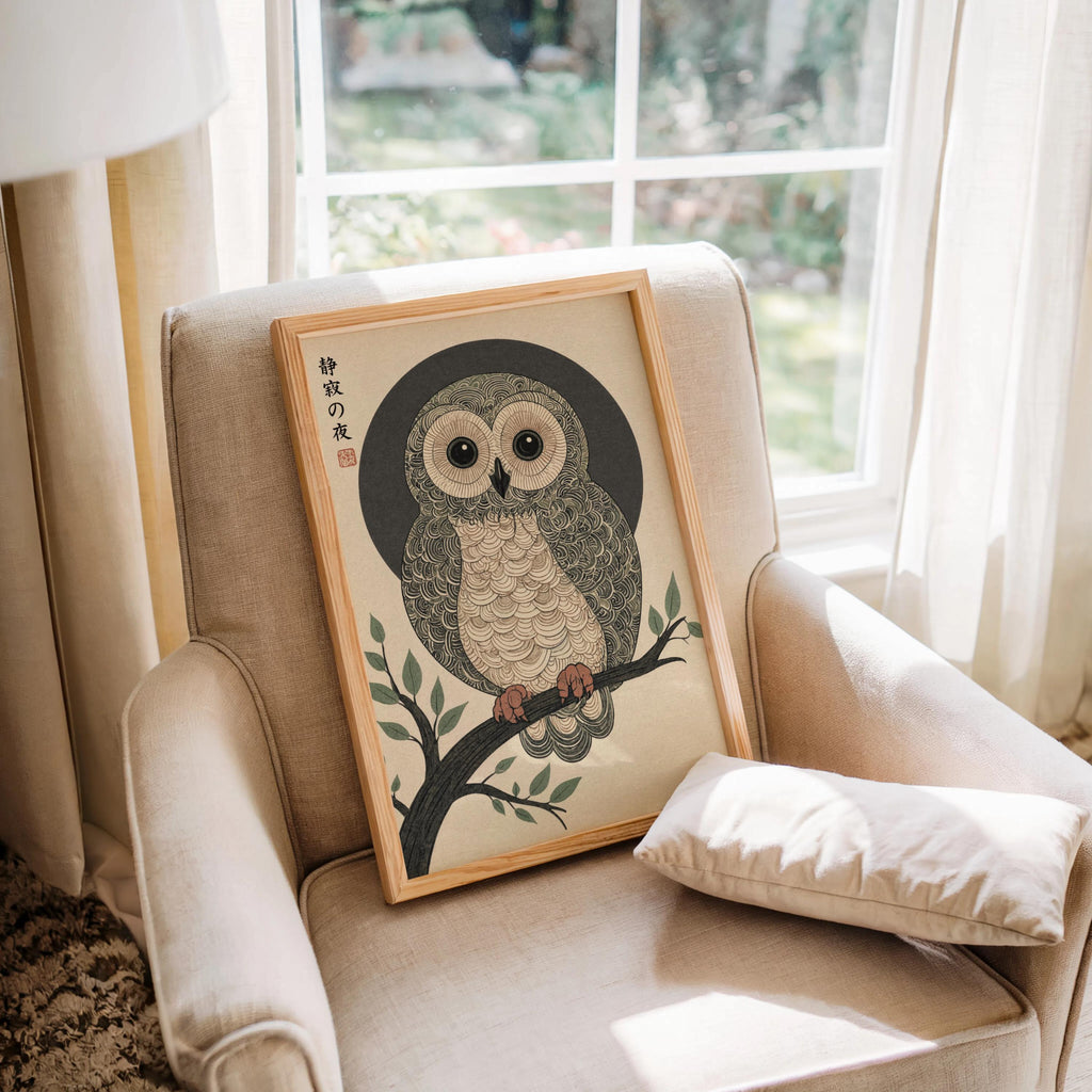 Japanese Owl Woodblock Print, Ukiyo-e Bird Nature Poster, Japandi Zen Wildlife Art