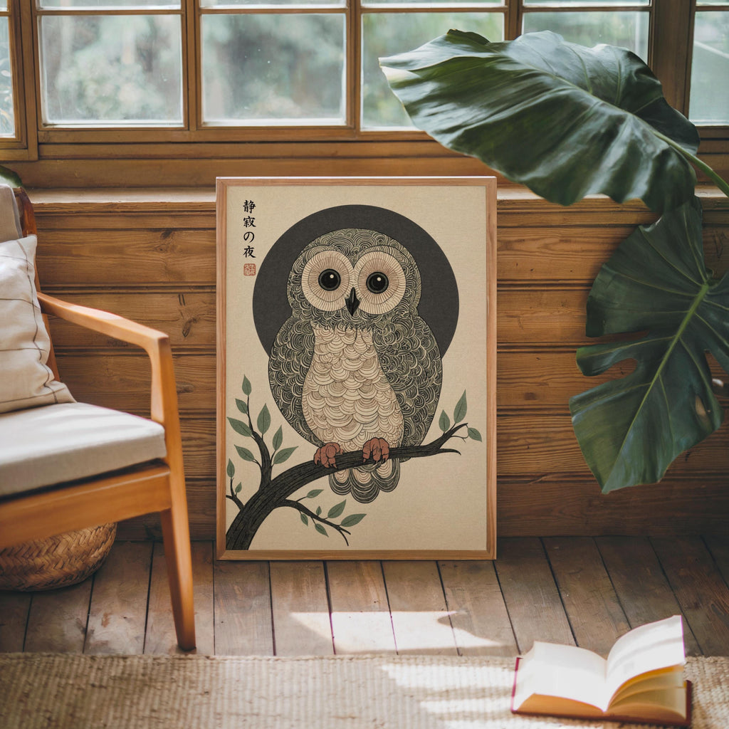 Japanese Owl Woodblock Print, Ukiyo-e Bird Nature Poster, Japandi Zen Wildlife Art
