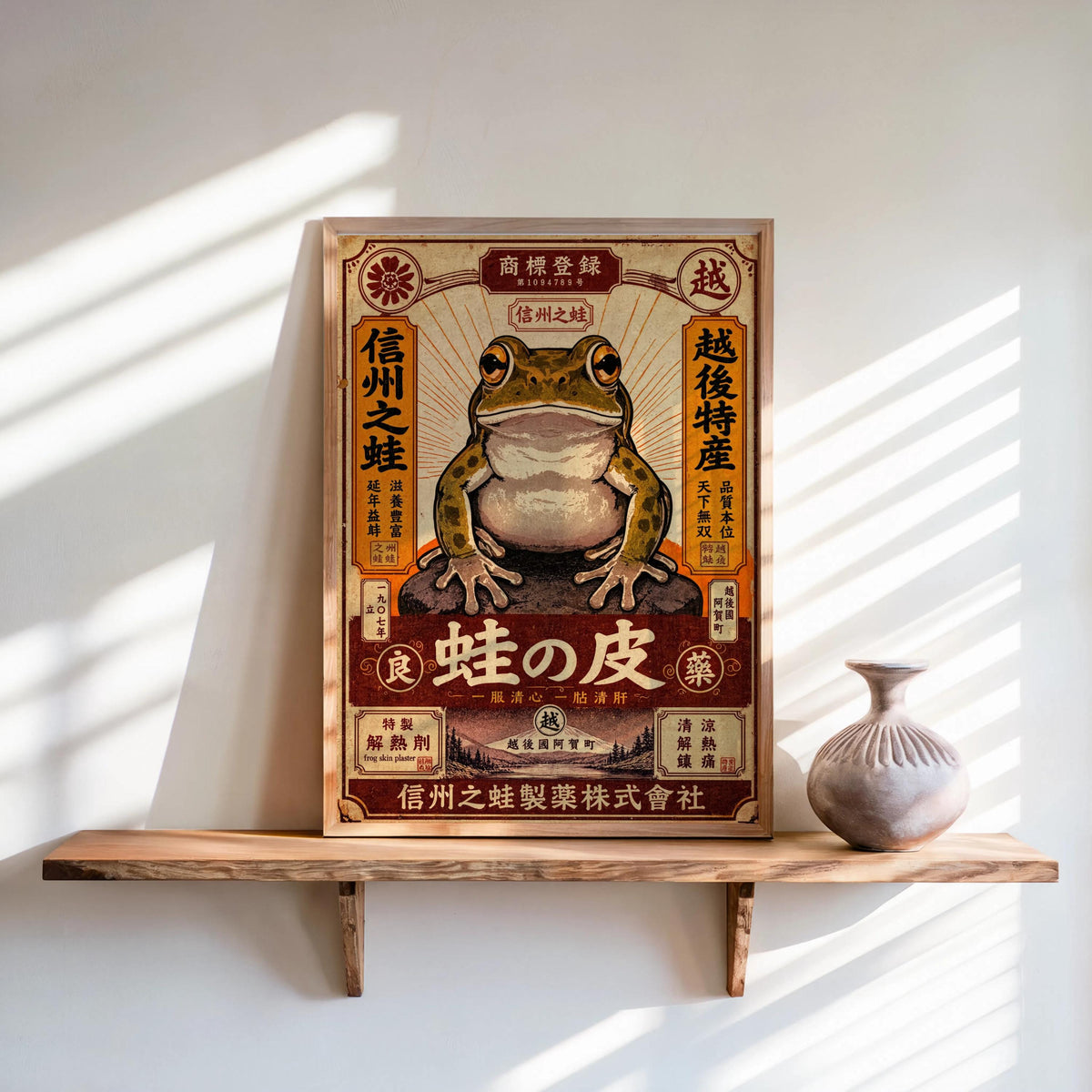 Retro Japanese Frog Wall Art, Vintage Asian Pop Art, Woodblock Style Decor, Japan Ad Print, Graphic Typography Poster