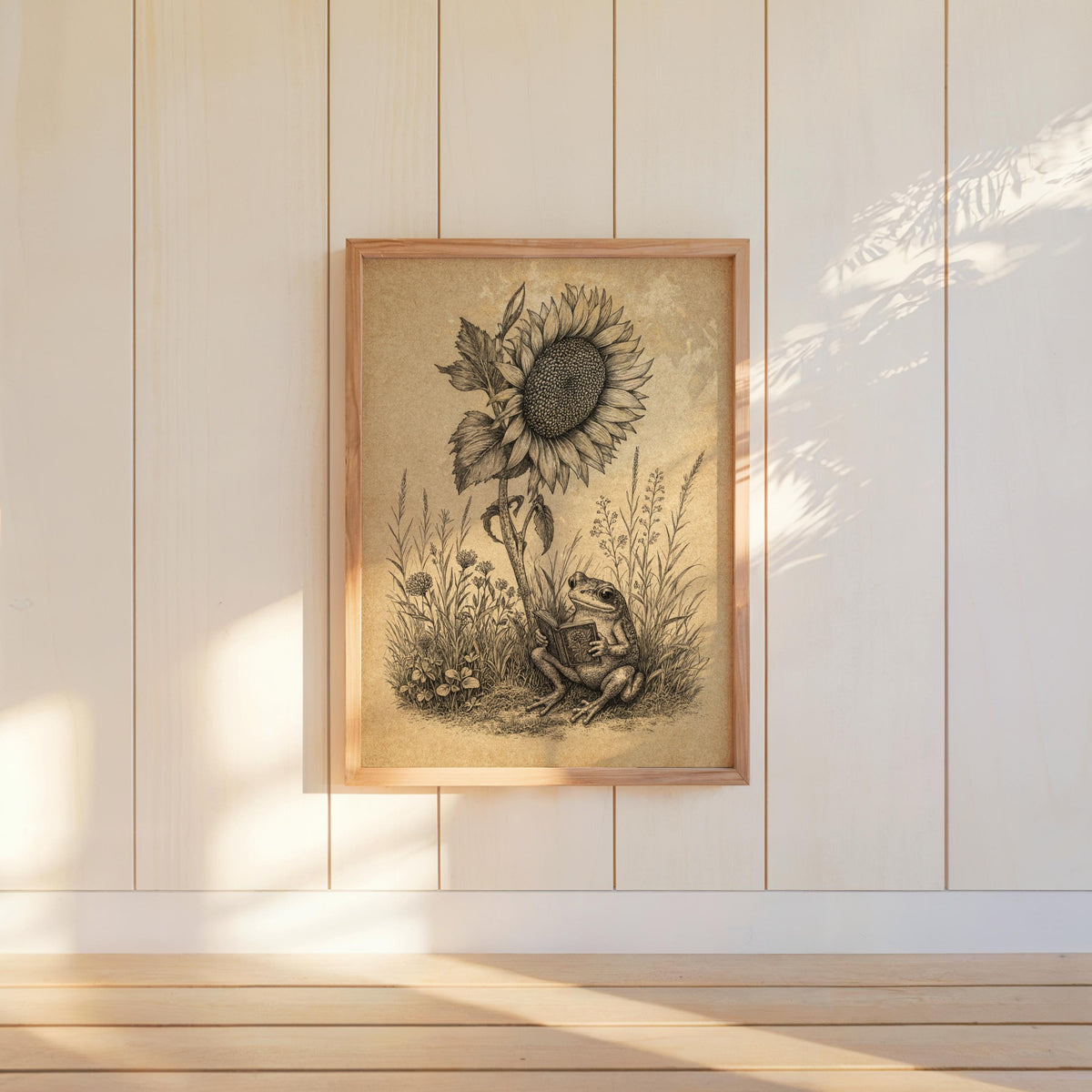Frog Reading Book Art, Vintage Sunflower Botanical Print, Whimsical Literary Woodland Nursery Decor