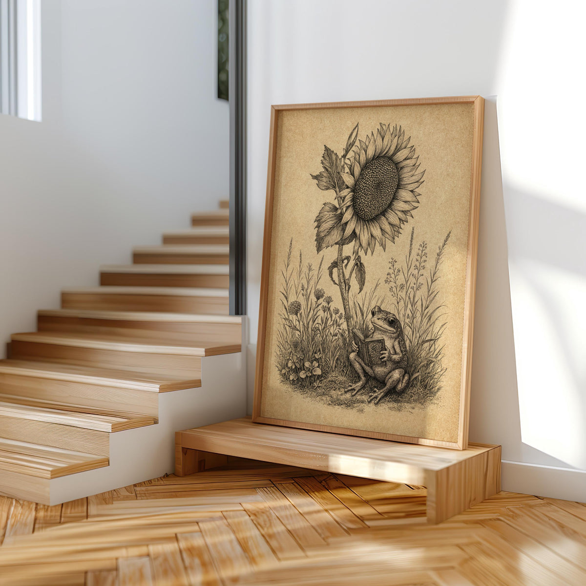 Frog Reading Book Art, Vintage Sunflower Botanical Print, Whimsical Literary Woodland Nursery Decor