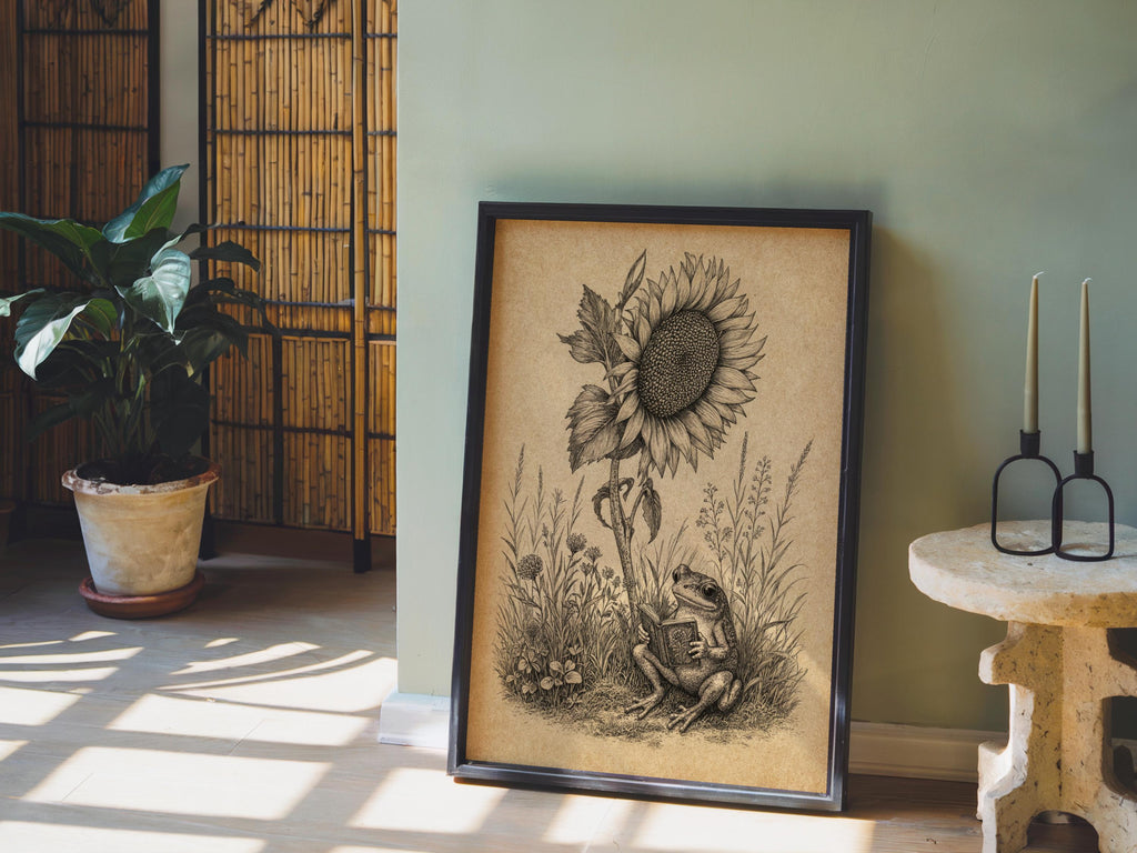 Frog Reading Book Art, Vintage Sunflower Botanical Print, Whimsical Literary Woodland Nursery Decor