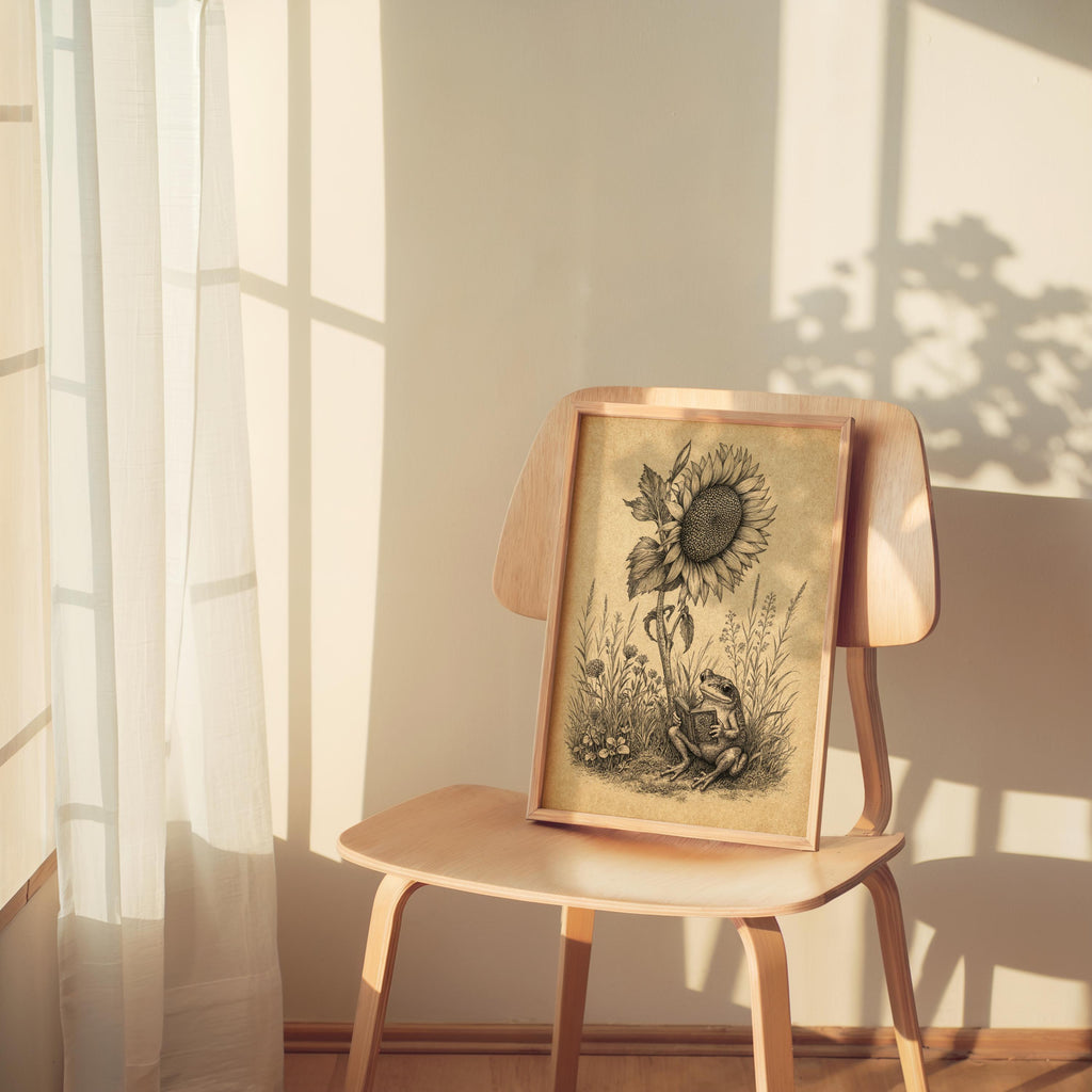 Frog Reading Book Art, Vintage Sunflower Botanical Print, Whimsical Literary Woodland Nursery Decor