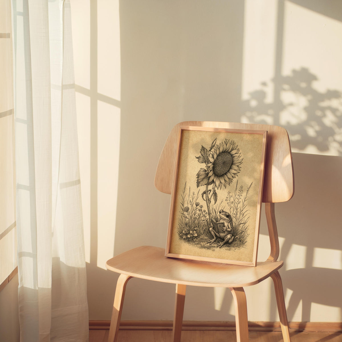 Frog Reading Book Art, Vintage Sunflower Botanical Print, Whimsical Literary Woodland Nursery Decor