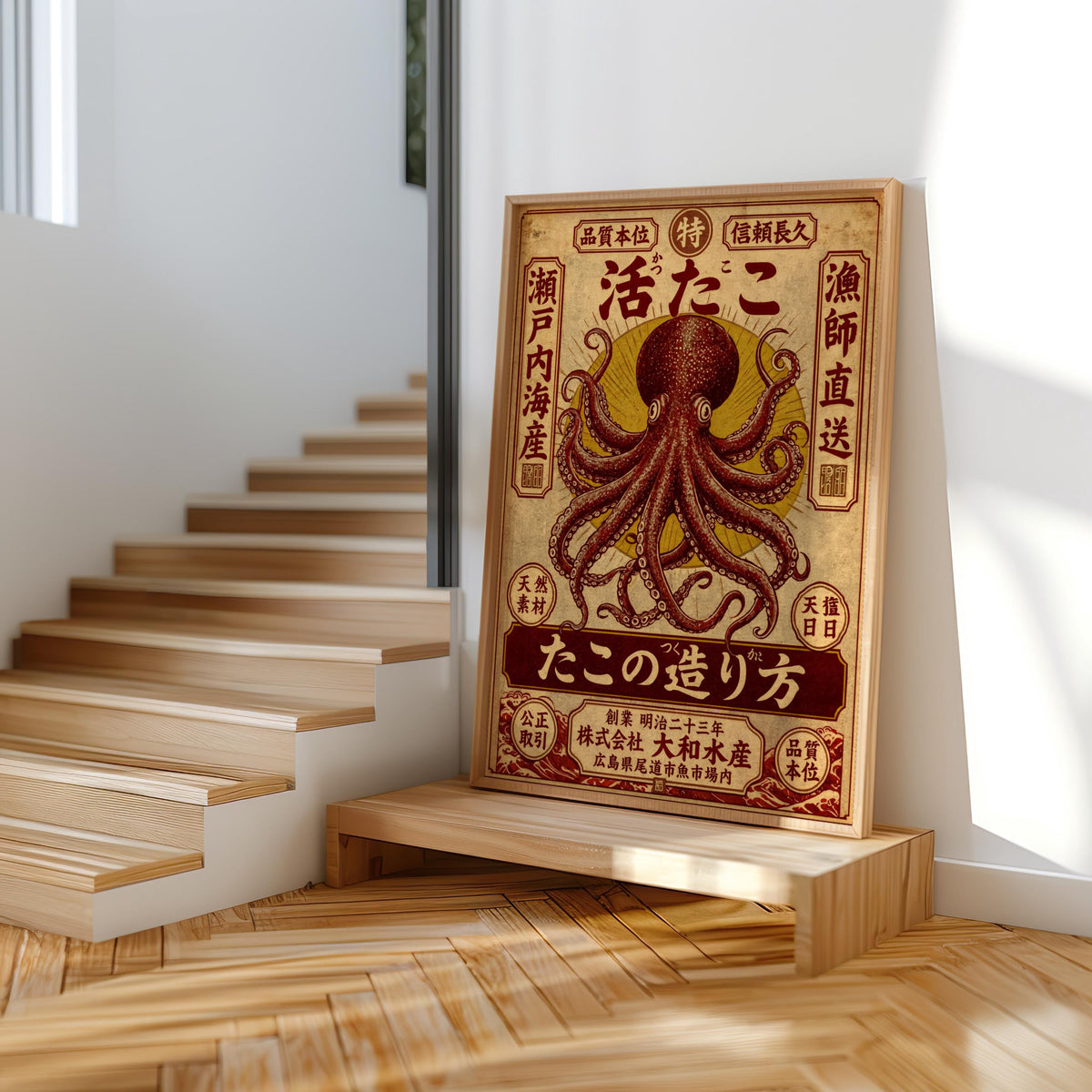 Vintage Japanese Octopus Poster, Ukiyo-e Style Wall Art, Retro Ad Print, Eclectic Office Decor, Kraken Asian Typograhy Pop Art