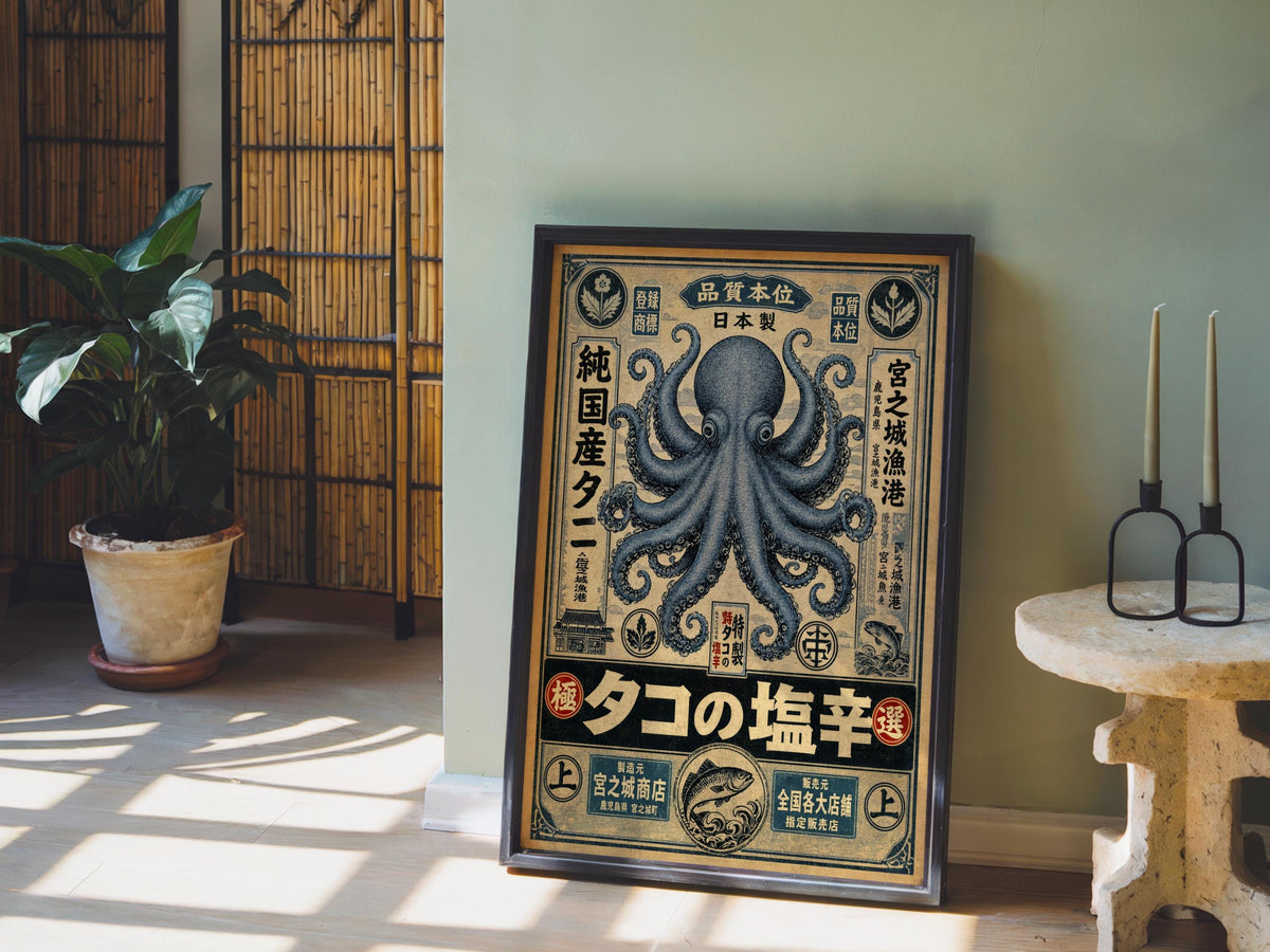 Retro Octopus Woodblock Print, Vintage Japanese Ad Poster, Eclectic Sea Monster Wall Art