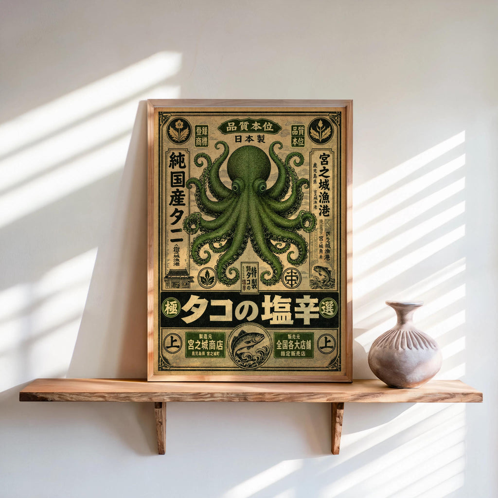 Retro Octopus Woodblock Print, Vintage Japanese Ad Poster, Eclectic Sea Monster Wall Art