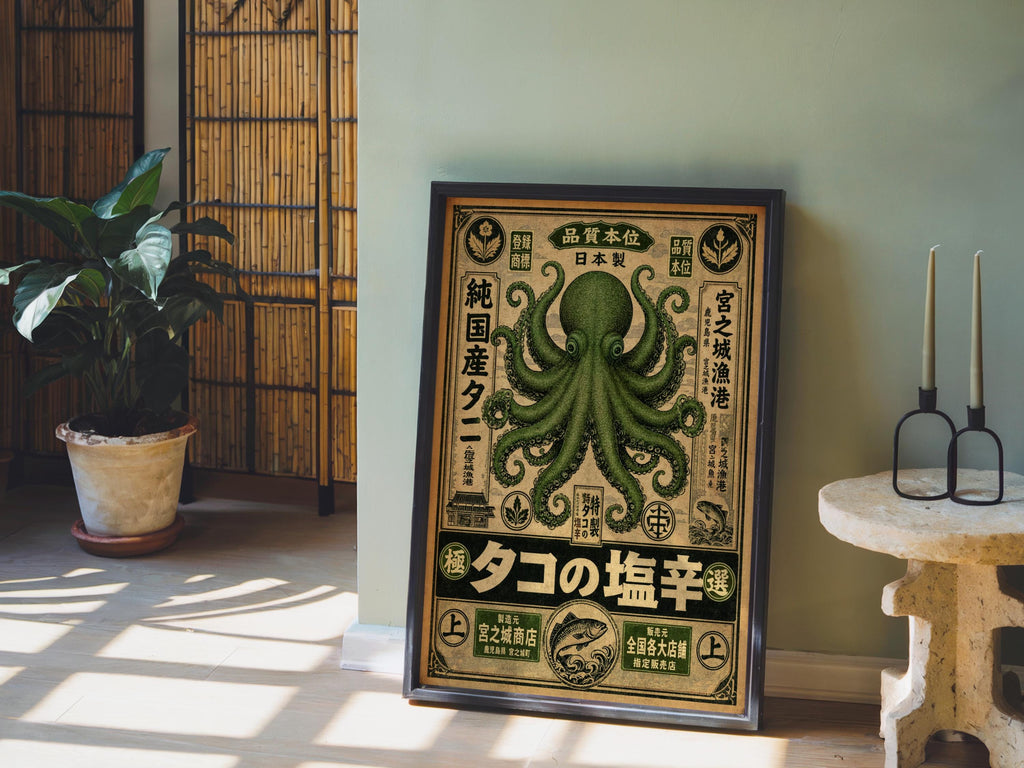 Retro Octopus Woodblock Print, Vintage Japanese Ad Poster, Eclectic Sea Monster Wall Art