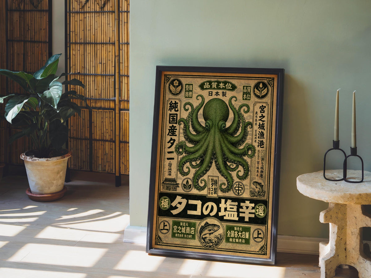 Retro Octopus Woodblock Print, Vintage Japanese Ad Poster, Eclectic Sea Monster Wall Art